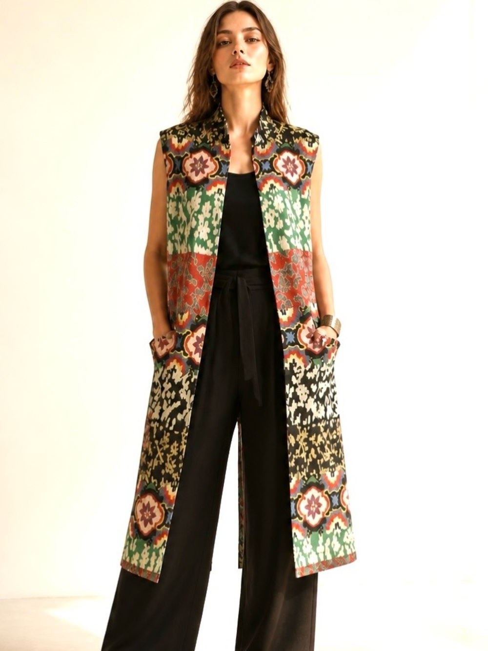 ISLE Melis Kazan Sweater Vest Tunic Boho Ikat Patchwork Floral Artsy Chic Hippy
